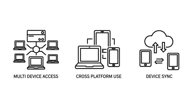 Technology icons set representing multi device access cross platform use and device sync with technology connectivity computer platform connection internet communication smartphone business