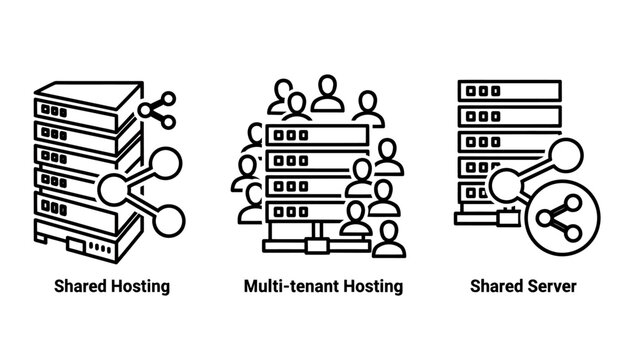 Shared and multi-tenant hosting server icons with technology computing internet infrastructure architecture business connections management centralized services platforms software hardware