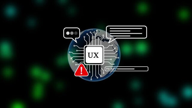 UX User Experience Design Concept Animation on Digital Planet Background with CPU Icon and Communication Bubbles for Web and App Development.