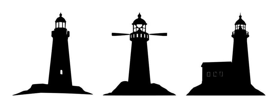 Lighthouse icon set with minimal solid black silhouette on white background featuring maritime, navigation, beacon with sea and sky