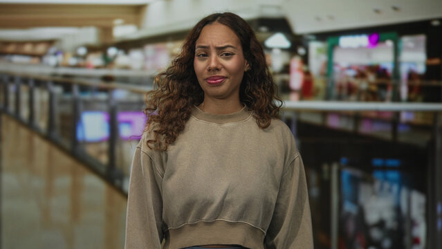 Woman grimacing, face scrunched and eyes closed while wearing cropped sweatshirt in a mall building with railings and stores visible; discomfort.