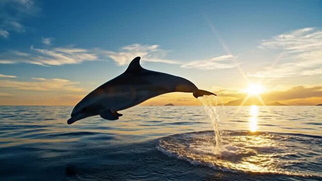 A majestic dolphin gracefully leaps from the shimmering ocean surface, silhouetted against a breathtaking golden sunset, embodying freedom and the natural beauty of marine life