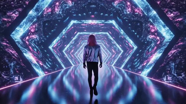 Man walking through a glowing neon hexagonal scifi tunnel