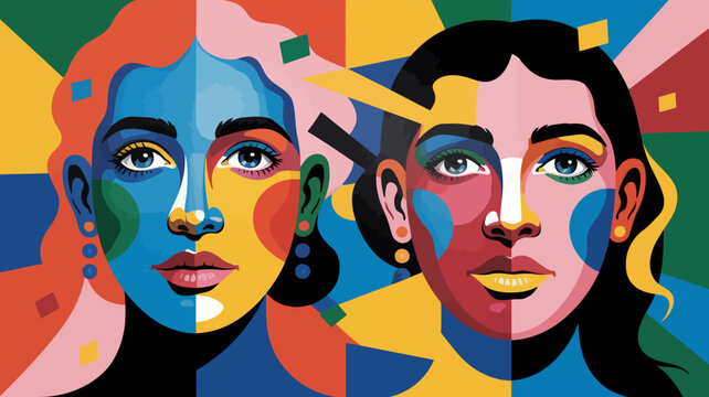 Colorful split face portrait of man and woman with vibrant geometric background