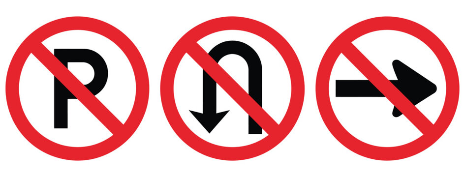 No parking no U turn and no right turn sign featuring road traffic prohibition symbols for navigation traffic safety transportation urban planning signage design