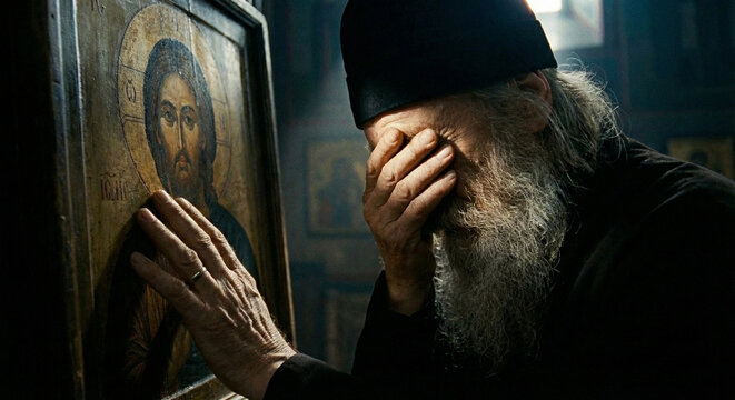 Senior Orthodox monk praying in grief touching religious icon of Jesus Christ in dark church interior with dramatic lighting.