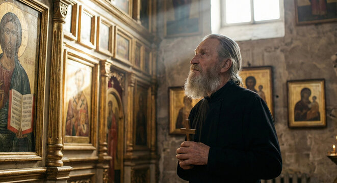 Senior Orthodox priest holding wooden cross standing before ornate golden iconostasis in sunlit ancient church interior.