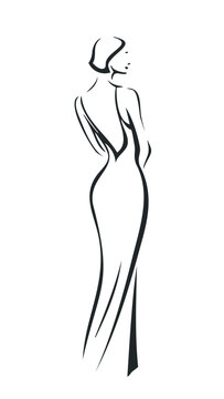 Elegant woman in a long backless gown shown from the back in a minimalist black and white line art style, exuding grace and sophistication for a classic fashion concept