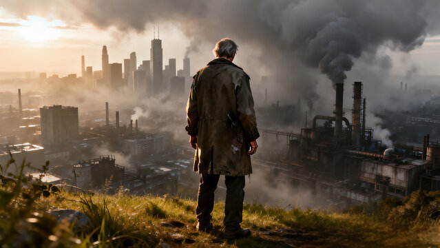 Back View of Man Overlooking Polluted Industrial City at Sunset, Smoke from Factories Filling the Air, Concept of Environmental Crisis, Global Warming and Urban Dystopia, 4k