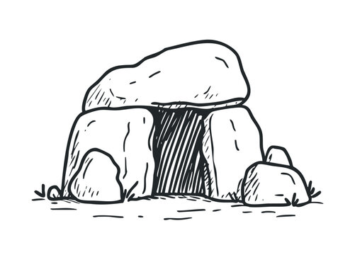 Prehistoric megalithic dolmen stone tomb with a large capstone, rendered in a simple black and white hand-drawn sketch style with hatching for shadow and texture
