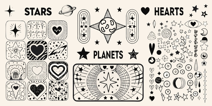 Retro star heart and planet doodle collection hand drawn style