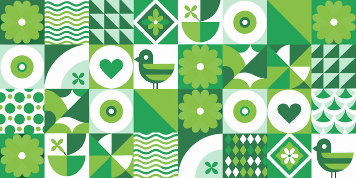 green geometric pattern with floral and bird motifs