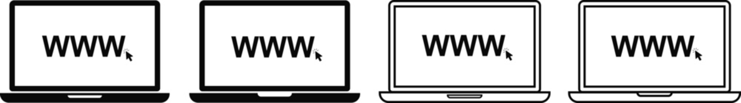 Laptop computer icons set with web browser symbols, electronic device illustrations for technology and internet marketing design, black vector signs in solid and outline style