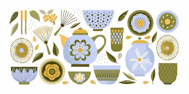 Matcha tea set and botanicals colorful vector illustration on white background