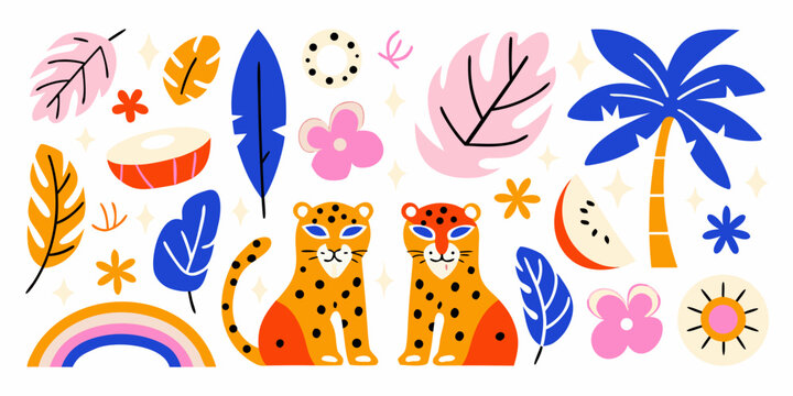 Tropical illustration with leopards palm leaves and rainbow modern style