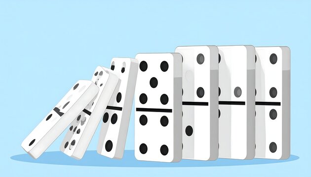 Illustration featuring a line of dominoes toppling over against a soft blue background, showcasing a chain reaction