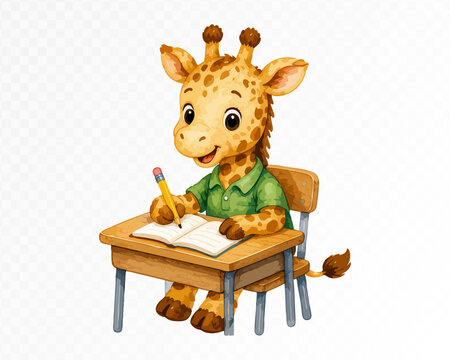 Cute giraffe student writing in notebook at school desk, cheerful watercolor classroom animal clipart for learning themes. Vector illustration.