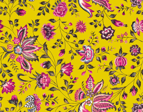 Allover pattern with a pinkish flowers bail work and antique style work seamless pattern digital all over design Yellow Background Febric Print Textile 