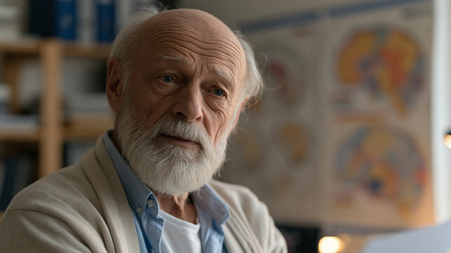 Elderly neuroscientist reviewing intricate brain atlas wall charts in quiet university laboratory late evening, mapping cortical regions with annotated overlays, cognitive science research, academic