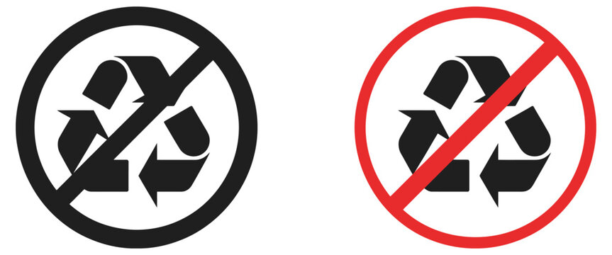 No recycling prohibition sign icon featuring crossed recycle emblem in circular black and red warning design for environmental restriction safety control signage system