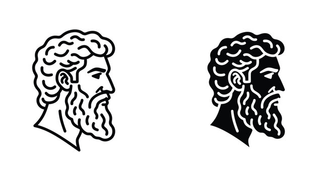 Classical Greek god head profile portrait illustration representing ancient mythology and historical sculpture art in two distinct black and white graphic styles