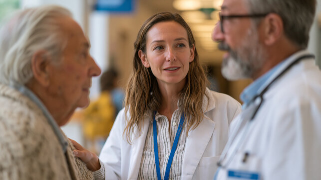 Candid unposed moment of female patient advocate intercepting hospital corridor conversation between physician and confused elderly patient, placing protective hand on patient arm while requesting c