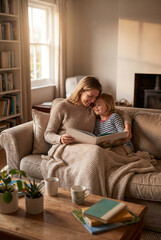Obraz premium Woman on sofa using smartphone in sunny home living room