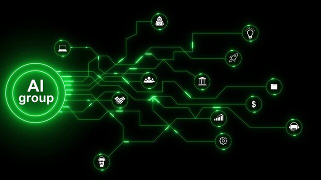 AI group network with glowing green circuit board and icons AI group artificial intelligence. AI Group: Driving Innovation, Digital Networks, Security, And Futuristic Technology on black baground.
