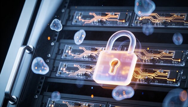 3D render of a translucent holographic server rack projection overlaid with a glowing padlock, drifting holographic data ribbon streams, dark futuristic backdrop, vibrant color scheme, logo-free, high