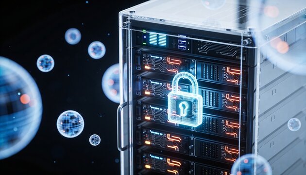 3D render of a translucent holographic server rack projection overlaid with a glowing padlock, drifting holographic data ribbon streams, dark futuristic backdrop, vibrant color scheme, logo-free, high