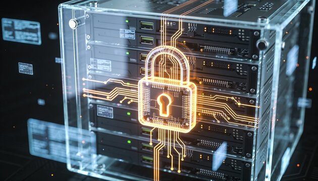 3D render of a translucent holographic server rack projection overlaid with a glowing padlock, drifting holographic data ribbon streams, dark futuristic backdrop, vibrant color scheme, logo-free, high