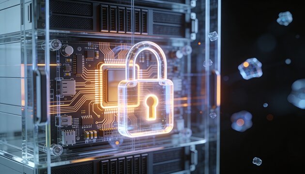 3D render of a translucent holographic server rack projection overlaid with a glowing padlock, drifting holographic data ribbon streams, dark futuristic backdrop, vibrant color scheme, logo-free, high