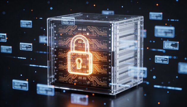 3D render of a translucent holographic server rack projection overlaid with a glowing padlock, drifting holographic data ribbon streams, dark futuristic backdrop, vibrant color scheme, logo-free, high