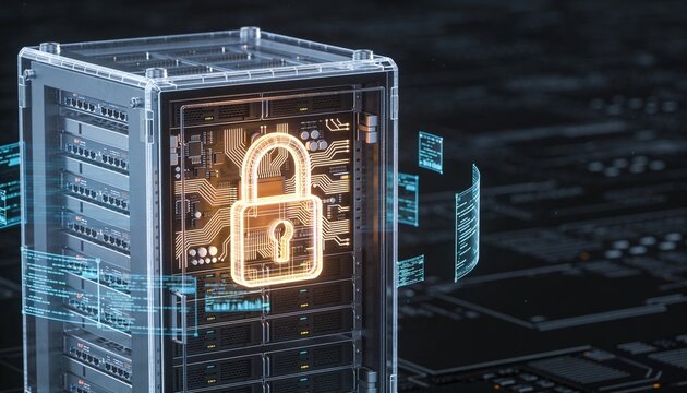 3D render of a translucent holographic server rack projection overlaid with a glowing padlock, drifting holographic data ribbon streams, dark futuristic backdrop, vibrant color scheme, logo-free, high