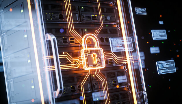 3D render of a translucent holographic server rack projection overlaid with a glowing padlock, drifting holographic data ribbon streams, dark futuristic backdrop, vibrant color scheme, logo-free, high