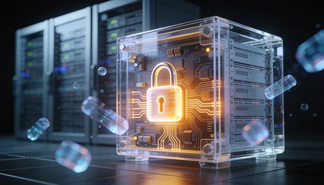 3D render of a translucent holographic server rack projection overlaid with a glowing padlock, drifting holographic data ribbon streams, dark futuristic backdrop, vibrant color scheme, logo-free, high