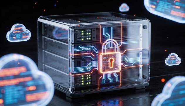 3D render of a translucent holographic server rack projection overlaid with a glowing padlock, drifting holographic data ribbon streams, dark futuristic backdrop, vibrant color scheme, logo-free, high