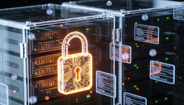 3D render of a translucent holographic server rack projection overlaid with a glowing padlock, drifting holographic data ribbon streams, dark futuristic backdrop, vibrant color scheme, logo-free, high