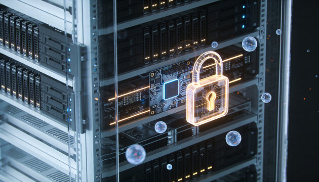3D render of a translucent holographic server rack projection overlaid with a glowing padlock, drifting holographic data ribbon streams, dark futuristic backdrop, vibrant color scheme, logo-free, high