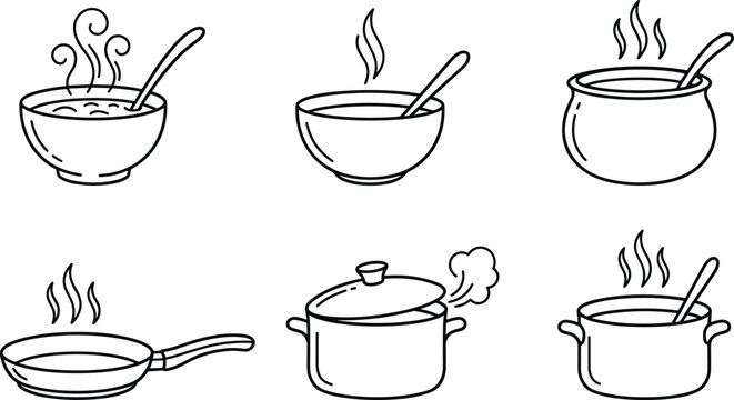 Minimalist Line Art Illustration of Cooking Pots, Bowls, and Frying Pans with Steaming Effects, Perfect for Kitchen and Cooking Design Sets