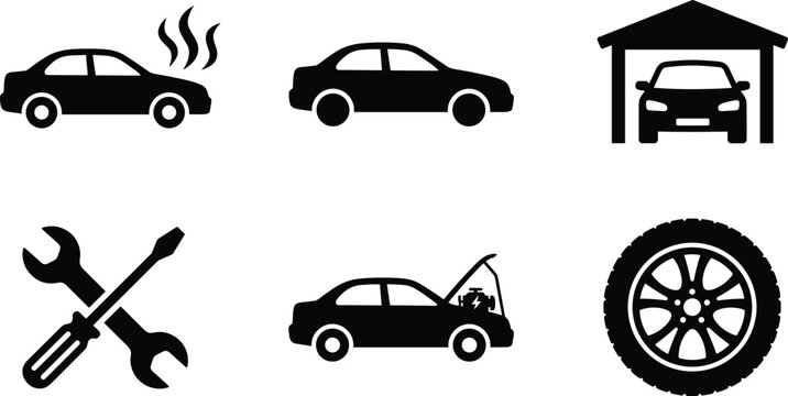 Car Service and Maintenance Icon Set with Vehicle Repair Garage Tire Overheating Engine Check and Tools Symbols Collection
