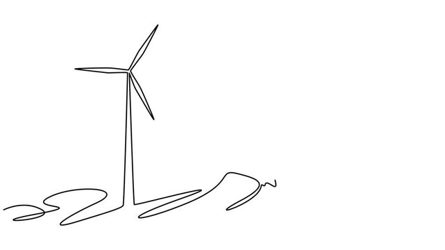 Self drawing animation of continuous line wind turbine alternative energy. Animated one line drawn concept of ecology, Hilly terrain with generating wind turbines. Animation on white background 4K. 