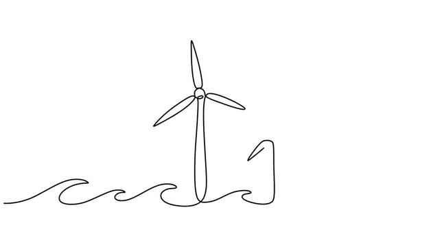 Self drawing animation of continuous line wind turbine alternative energy. Animated one line drawn concept of ecology, Hilly terrain with generating wind turbines. Animation on white background 4K. 