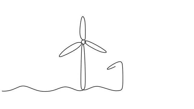 Self drawing animation of continuous line wind turbine alternative energy. Animated one line drawn concept of ecology, Hilly terrain with generating wind turbines. Animation on white background 4K. 