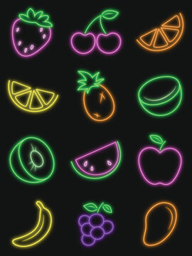 Set of glowing neon fruit and berry icons on a dark background. Includes a variety of fruits&mdash;strawberry, cherry, orange, lemon, pineapple, coconut, kiwi, watermelon, apple, banana, grape, and mango.