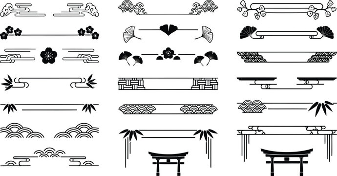 Set of traditional japanese decorative dividers and borders with floral and geometric patterns isolated on white background