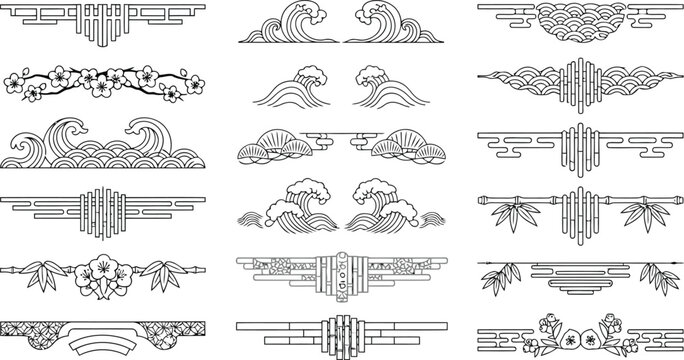 Set of traditional japanese decorative borders and dividers with floral and wave patterns, isolated on white background
