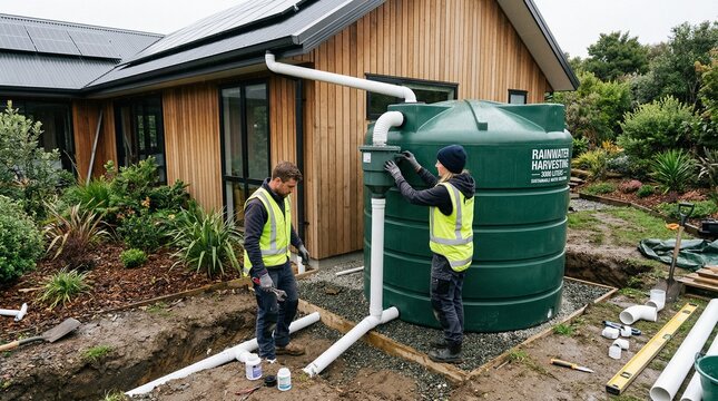 Two workers installing green plastic rainwater harvesting tank next to modern house with solar panels and wooden cladding.