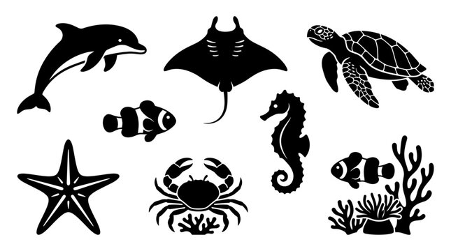 Black silhouettes of various sea creatures 1.