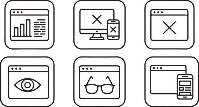 Set of six flat line web browser and digital device interface icons for website and app design